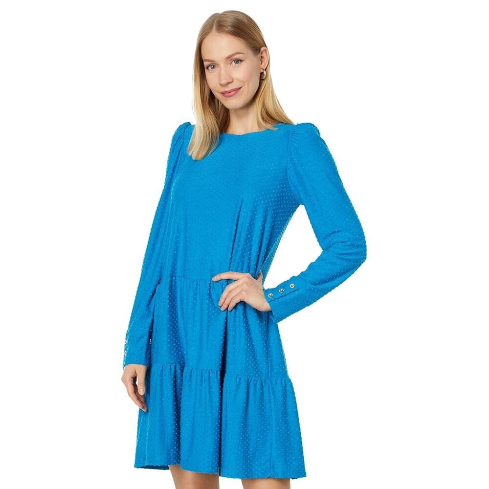 Lilly Pulitzer Arlette Long Sleeve Dress Women's L Teal Bay Cozy Knit Swiss Dot